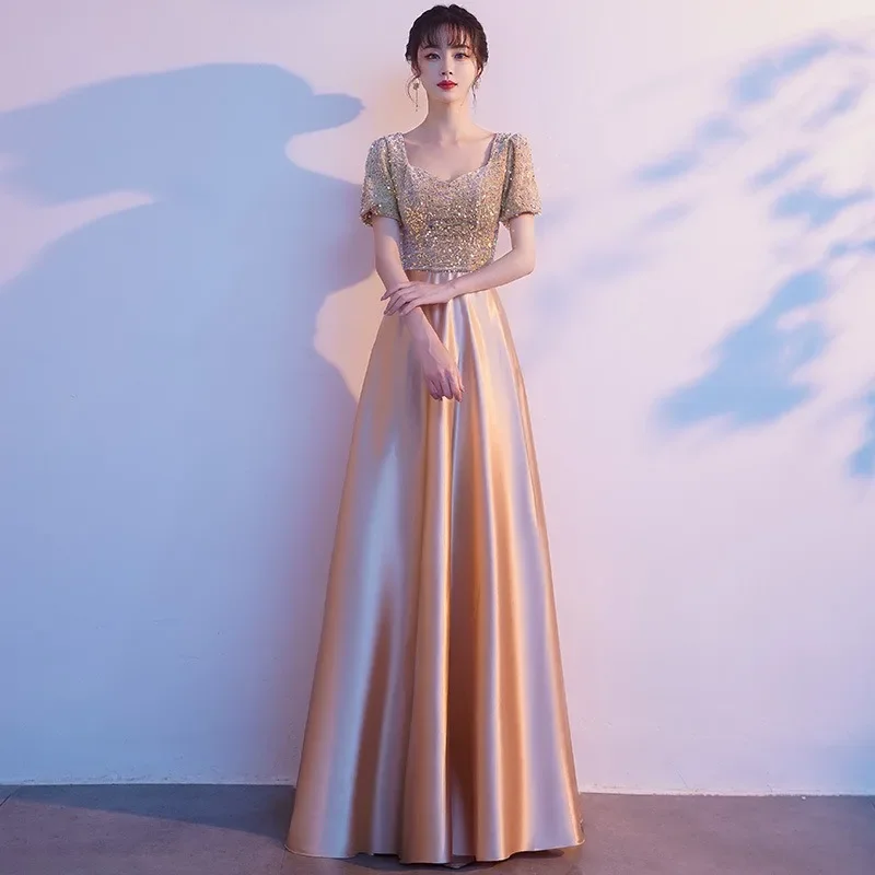 2026 New Summer Women S High Quality Champagne Sparkle V Neck Banquet Evening Dress Fashion Host Party Gown Customizable