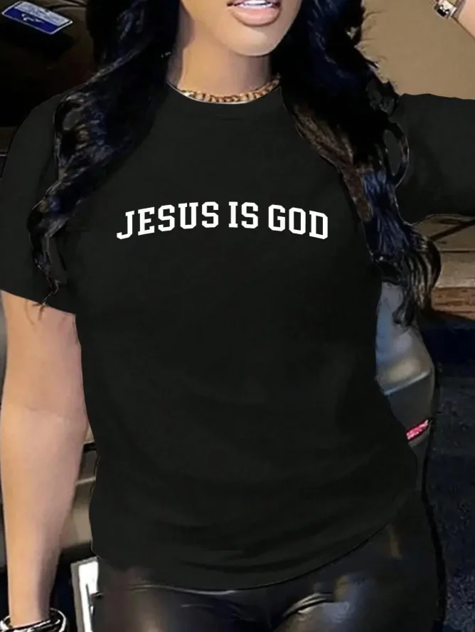 2026 Fashion New Women Round Neck T Shirt 100% Cotton Jesus Cross Pattern Christian Faith Slogan Print Ladies Daily Outing Casual Basic Top Tee