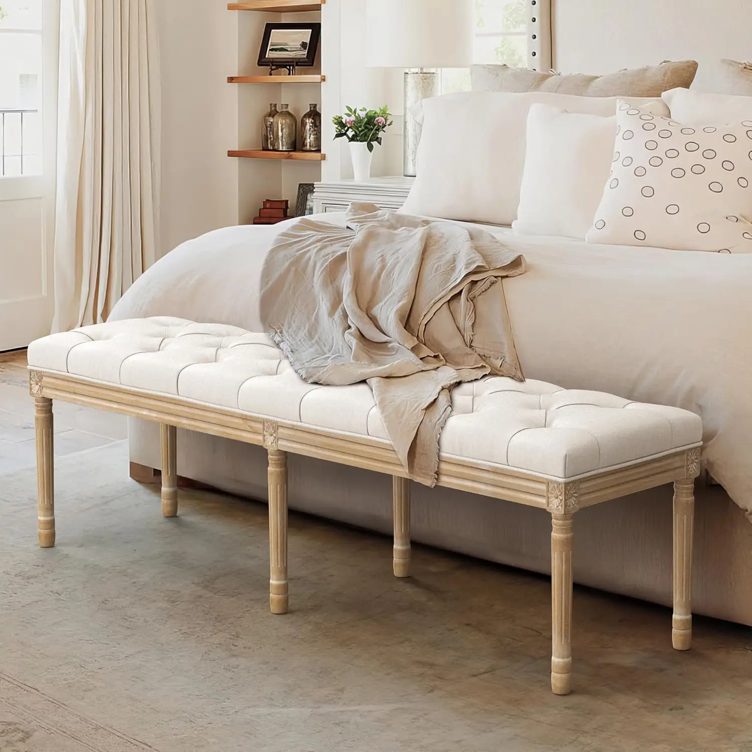 60" Fabric End of Bed Bench, Upholstered Tufted French Bedroom Bench with Carved Legs for Bedroom End of King Size Bed, Living