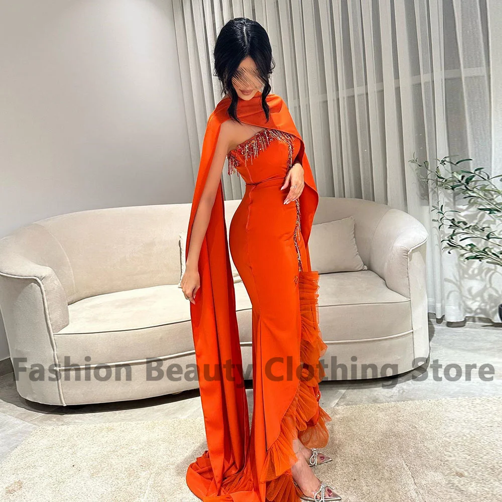 Rose Novias Prom Dress Mermaid High Split Shawl Ruffle With Tassel Crystal Saudi Arabian Women's Formal Occasion فساتين السهرة