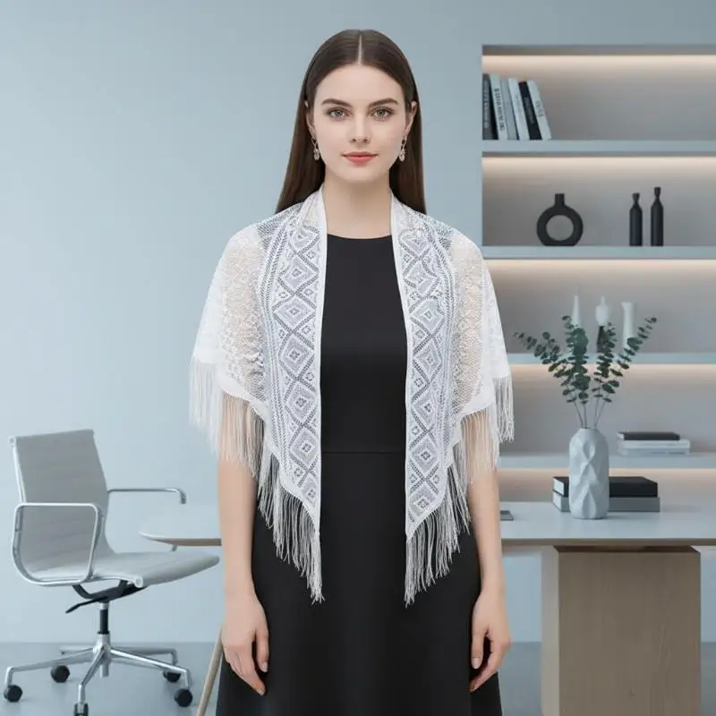 Polyester Lace Hollow Triangle Shawl, Pure Color Embroidery Tassel Transparent Mesh Scarf, Wedding Scarves For Party Ceremony