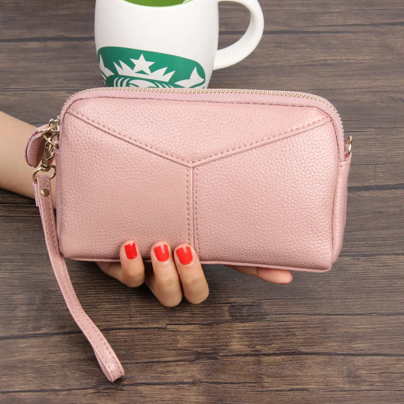 Women Genuine Leather Long Wallet Clutch Bag with Wrist Strap Zip Around Card Holder Phone Purse Ladies Daily Travel Handbag