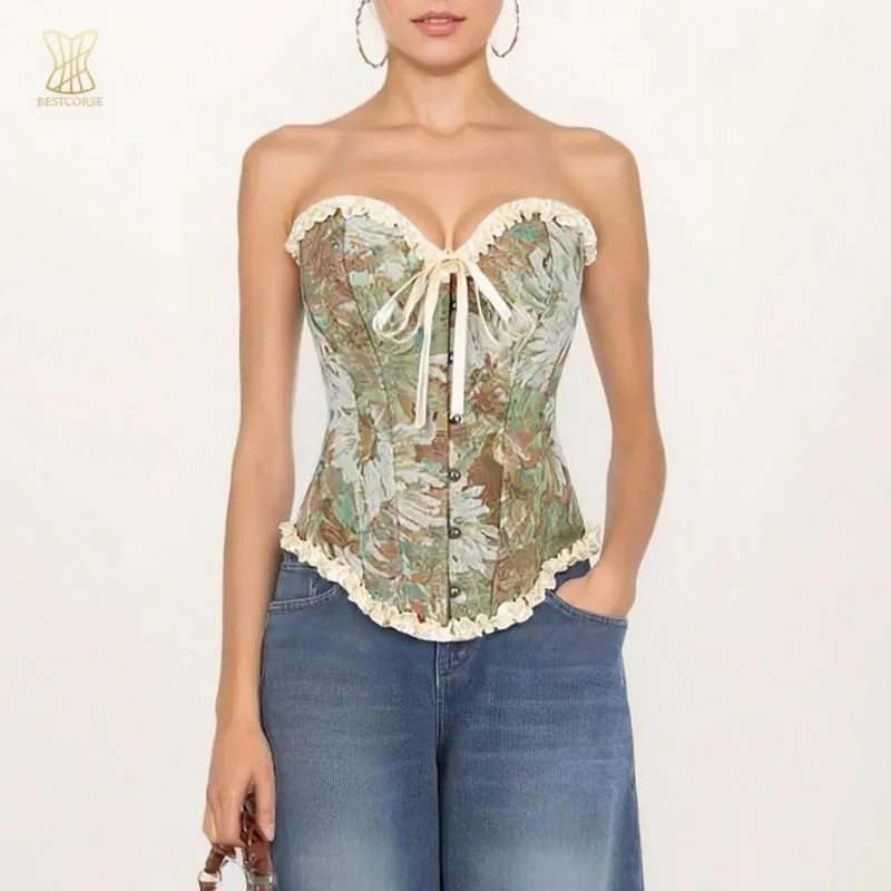 

Summer Vintage green corset top Plus Size for women dress Floral pattern Overbust korset Bustier With Bra Tummy waist