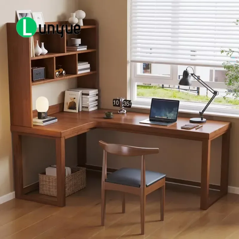 Adjustable 7 Shaped Solid Wood Double Desk Long Writing Computer Table Simple Design For Home Office Learning By The Window