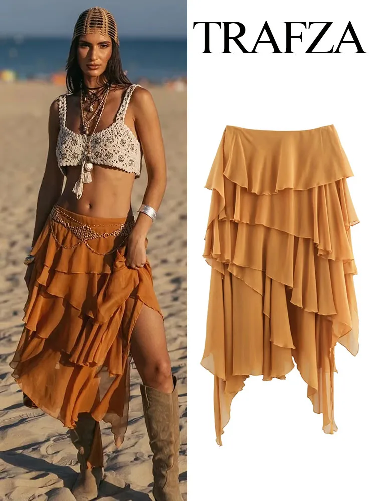 

HH Women's Autumn Fashion Asymmetric Stacked Decorative Midi Skirt Female Elegant Seaside Vacation Beach Leisure Skirt Mujer