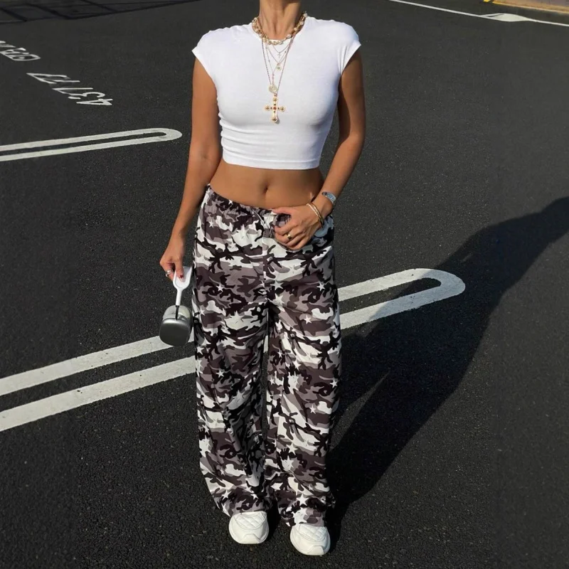 جديد الأوروبية والأمريكية نمط التمويه موضة التخسيس عالية الخصر مستقيم الرباط المرأة السراويل البضائع غير رسمية #3