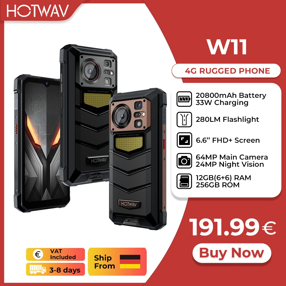 [Ship From Germany] HOTWAV W11 Rugged Phone 20800mAh 280LM Flashlight 6.6'' FHD+ Smartphone 33W 24MP Night Vision Mobile Phone