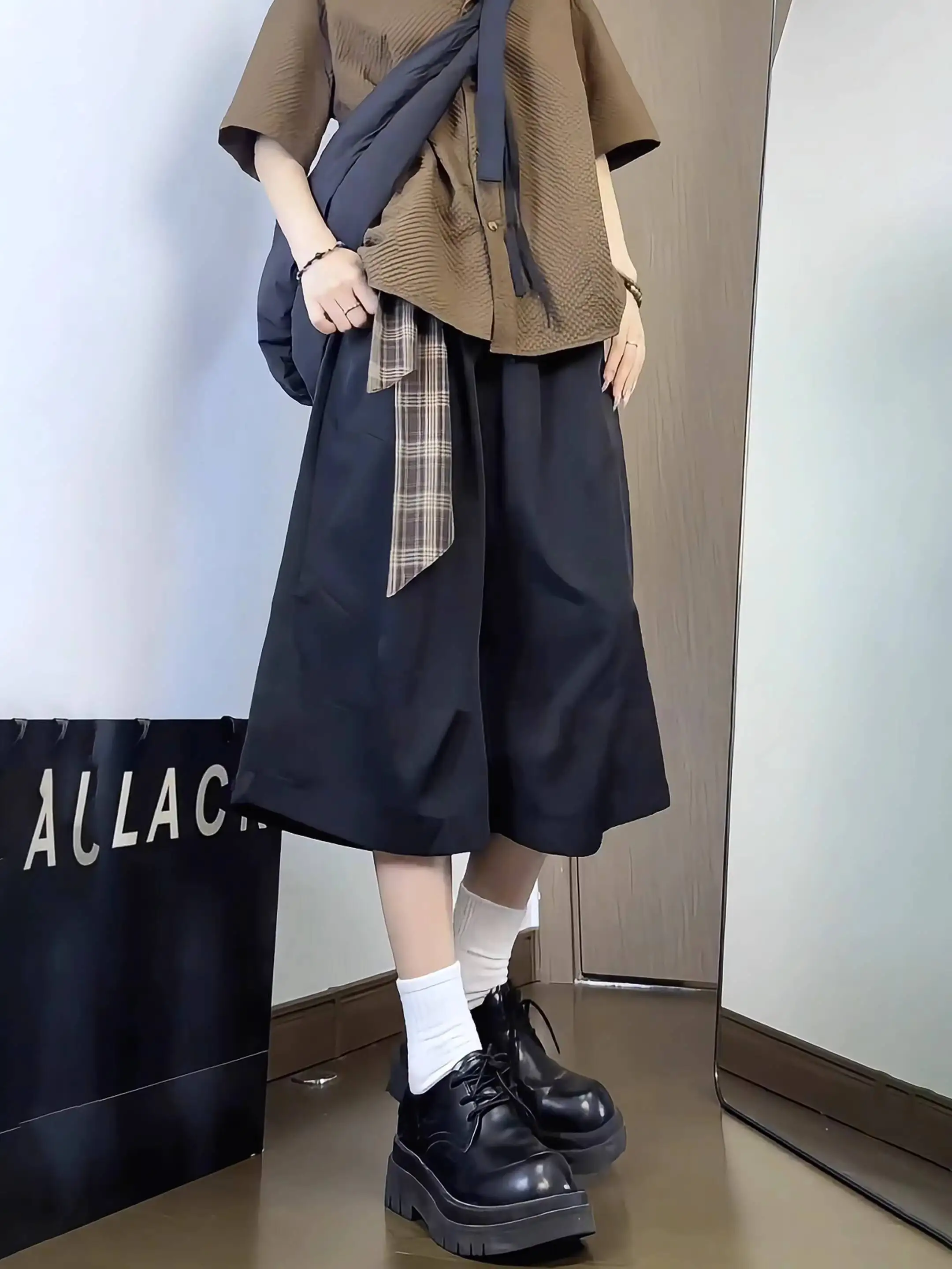 

2026 New Japanese Vintage Three Quarter Yamamoto Pants For Men Women Summer Relaxed Wide Leg Shorts Plaid Belt Casual Pants