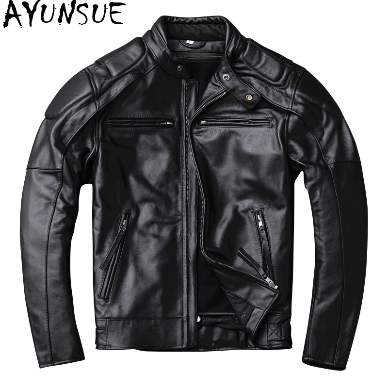 

AYUNSUE Autumn Winter Motorcycle Jackets Cowhide Genuine Leather Coats Mens Clothing Fashion Standing Style Veste Cuire Homme