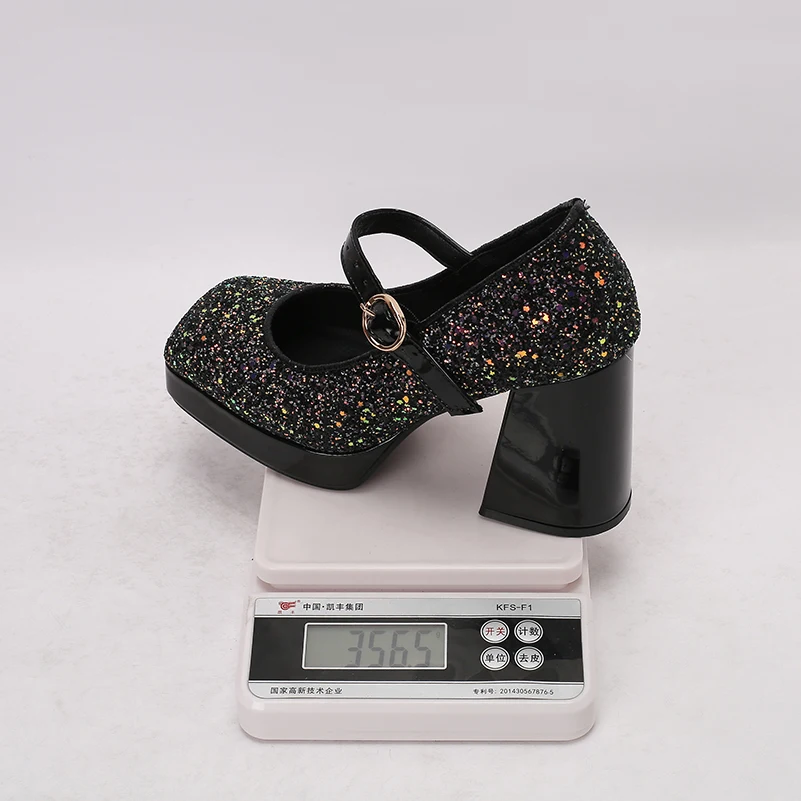 Sparkling Color Changing Sequin Fabric Splicing Metal Heel Light Ultra Thick Heel Summer Pumps Instep Buckle High Heels