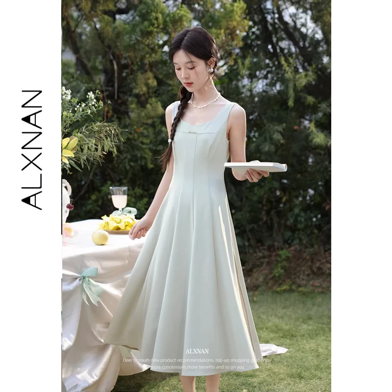 

ALXNAN Светло-зеленое платье без рукавов, коллекция Весна-Лето 2026, новое, с кружевными вставками, длинное плиссированное платье, элегантное миди-платье А-силуэта L61717
