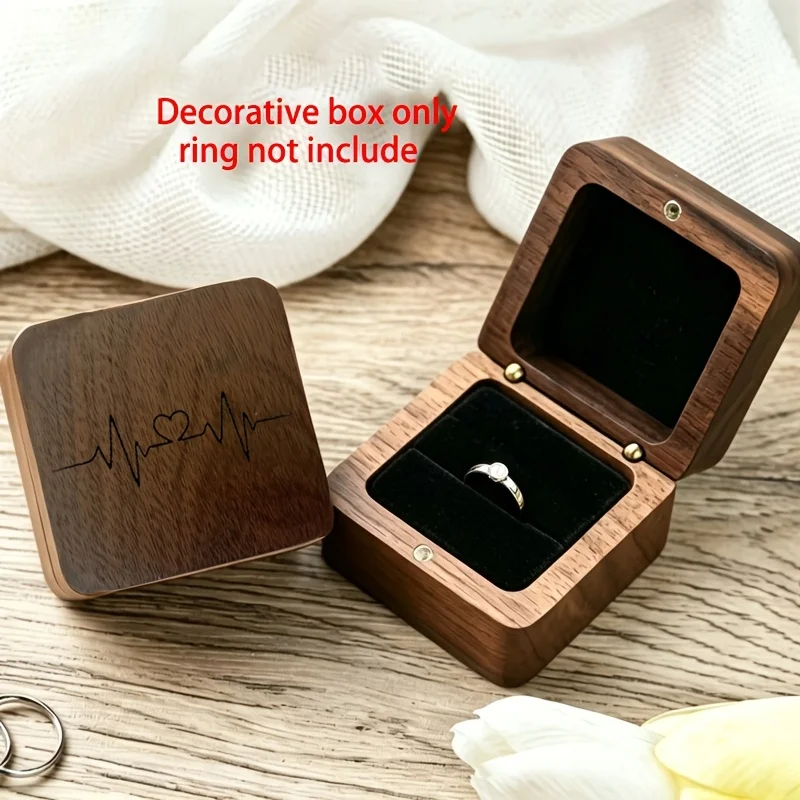 2D 1PCS Heartbeat Line Wood Elegant Wood Keepsake Pattern Lid Suitable Proposals Wedding Ring Storage Engagement Bridal Gift