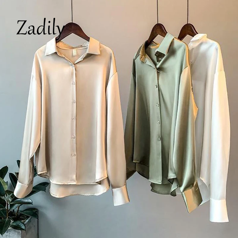 Office Lady Long Sleeve Women Basic Satin Shirt And Blouse Korea Style Button Up Tops Solid Color Tunic Female Work Clothing