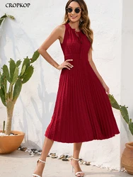 Elegant Pleated Midi Dress Women Summer Casual Slim Sleeveless Holiday Beach Dress Fashion Black A-line New In Dresses 2023