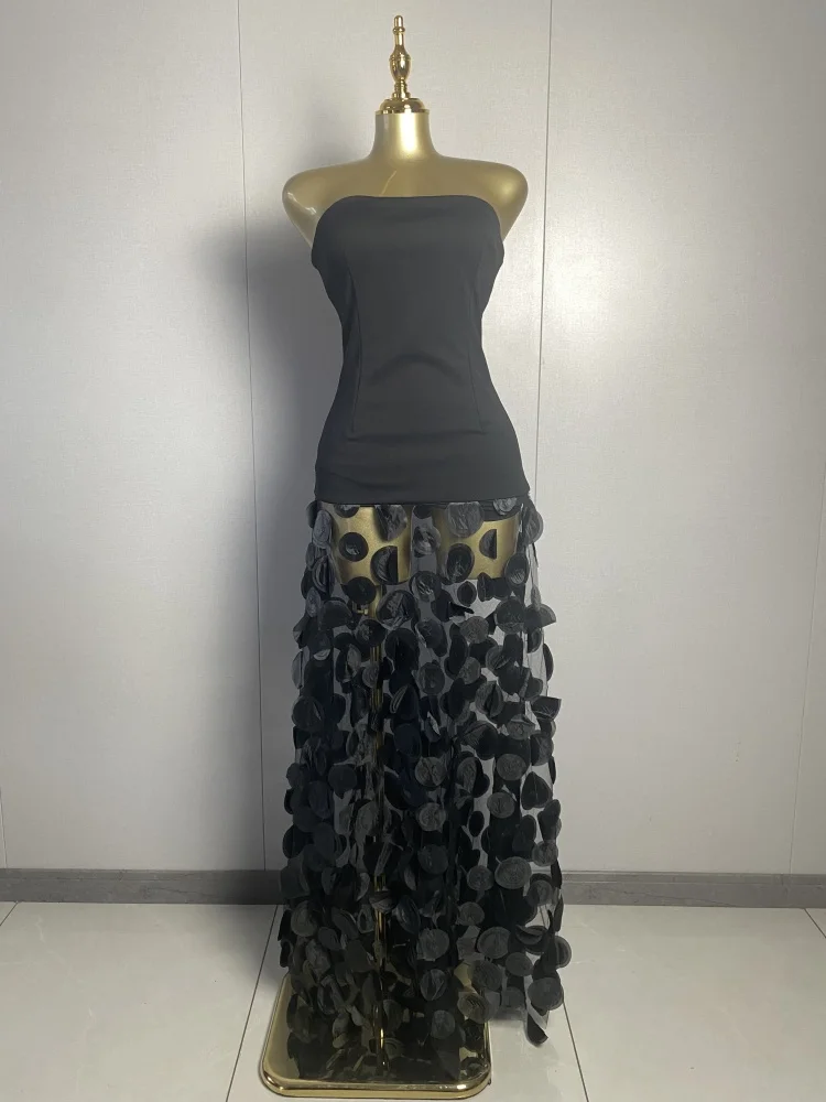 

New Women Sexy Strapless Patchwork Dot Mesh Black Dress 2025 Elegant Evening Club Luxury Birthday Party Dresses