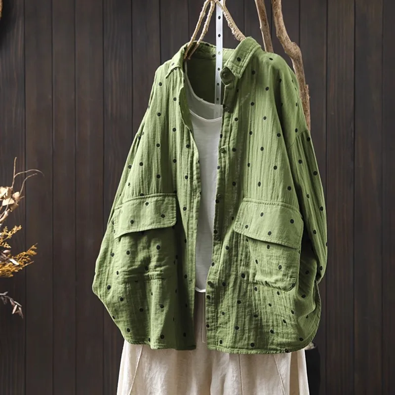 

Enianechu Bust 134cm Large Size Women Polka Dot Print Shirts And Blouses Cotton Yarn Green Dots Oversized Shirts Outwear