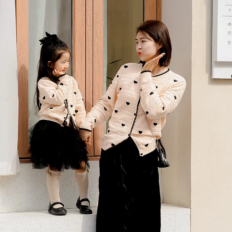 Mom Daughter Knit Sweater Mother and Baby Girls Matching Knitted Coat Korean Women Jacket Jumpers Mama and Me Boutique Clothes