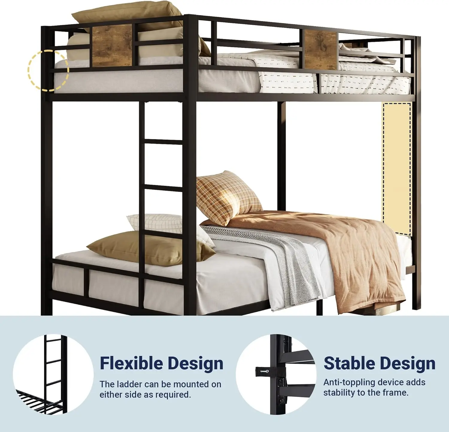 Twin Over Twin Bunk Bed with Rustic Wooden Accents, Sturdy Metal Frame, Space-Saving Design, Noise-Free, Black