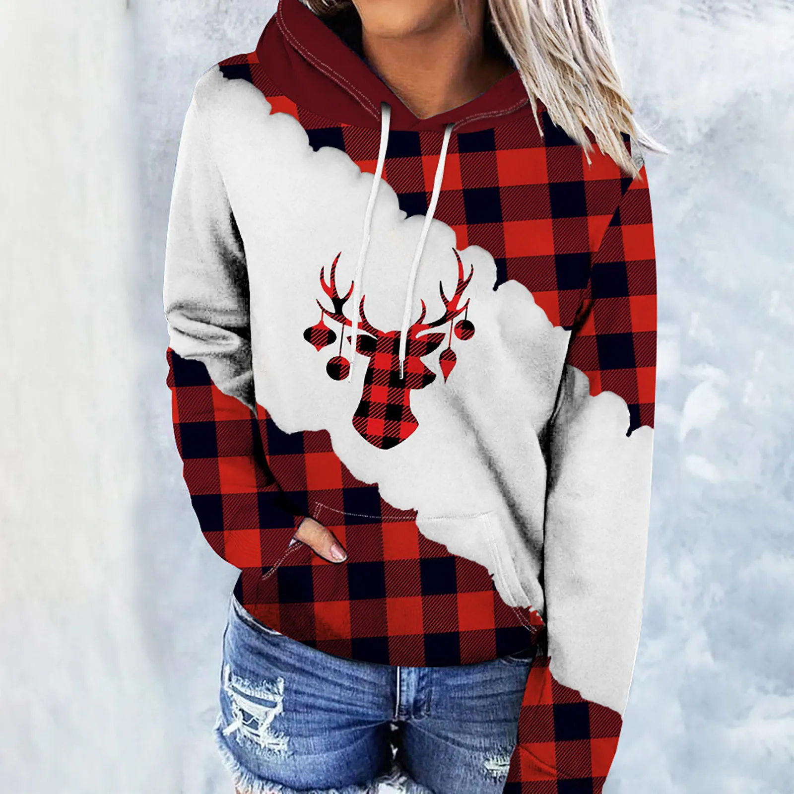 

Womens Sweatshirts And Hoodies Fleece Women's Christmas Print Patchwork Hooded Long Sleeve Pullover Casual Zip Hoodie Women