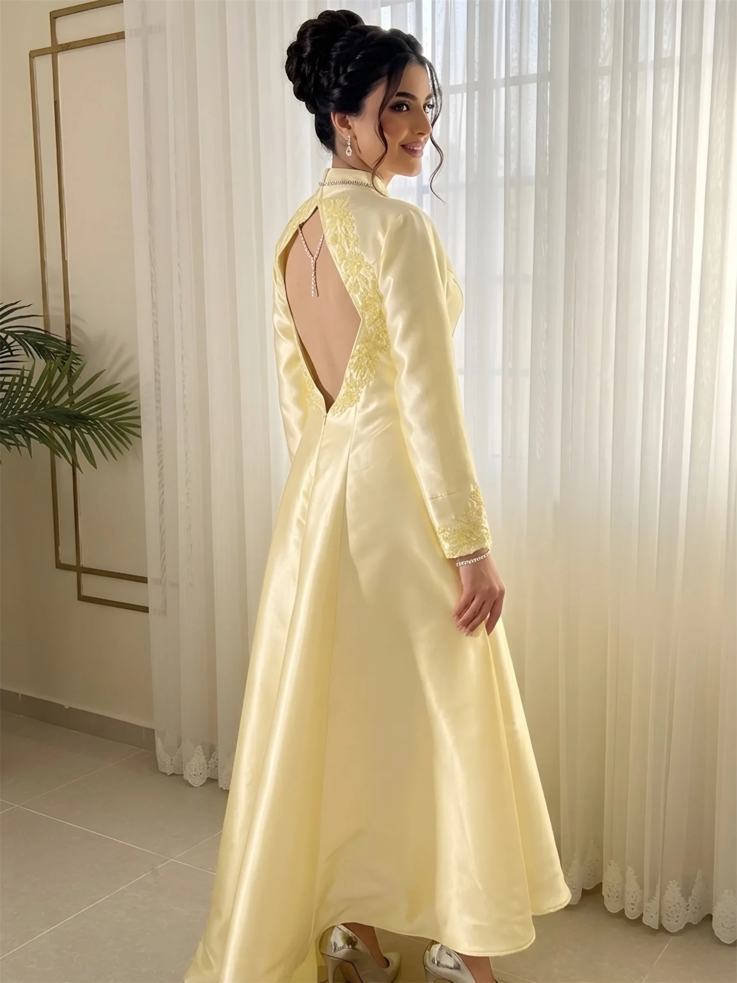 ED Lace Evening Dress Women European Design Yellow Satin Formal Events Party Customized Robes de Soirée New Collection