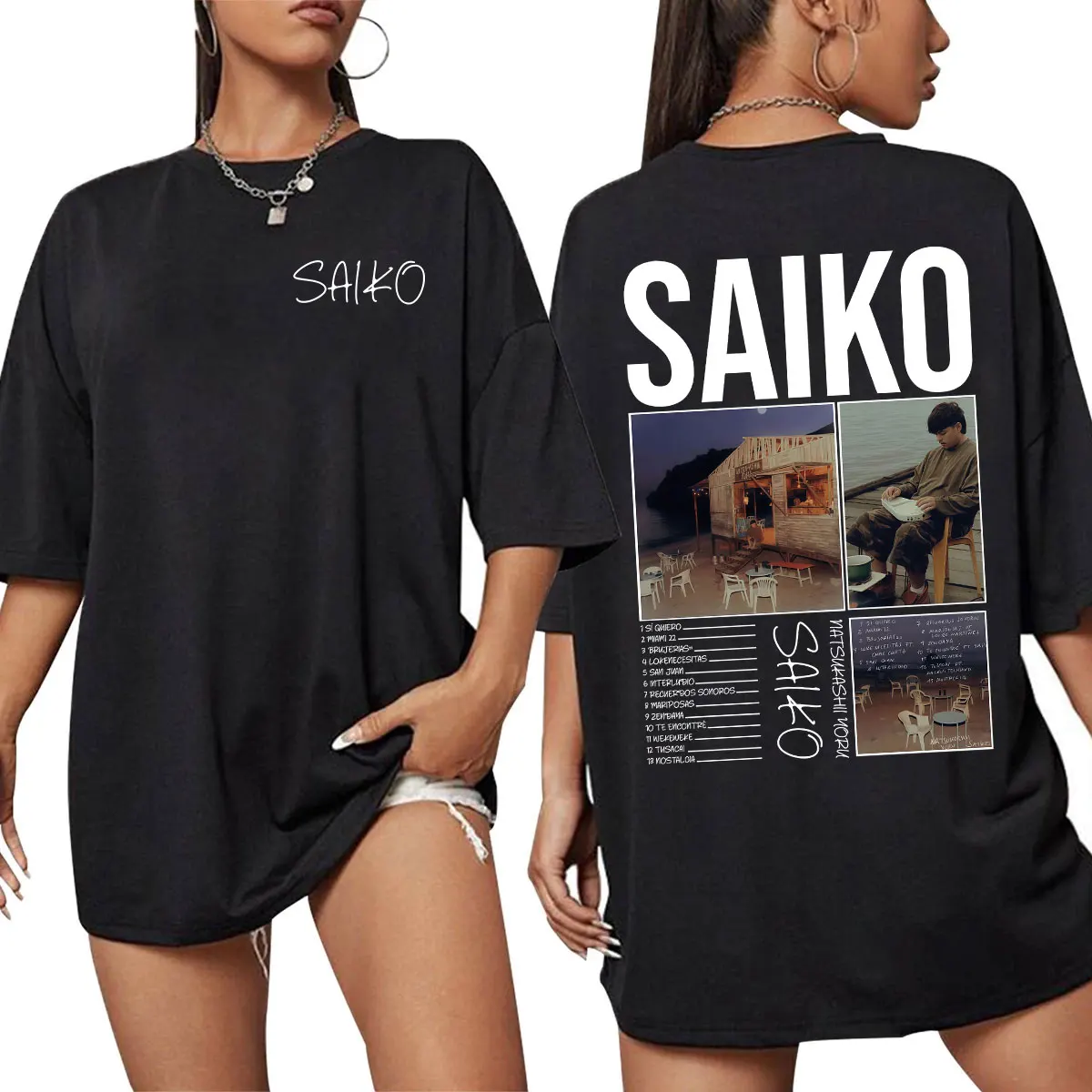 Rapero SAIKO Natsukashii Yoru álbum Tour 2025 verano 100% Camiseta estampada de algodón puro hombres mujeres de gran tamaño Hip Hop manga corta