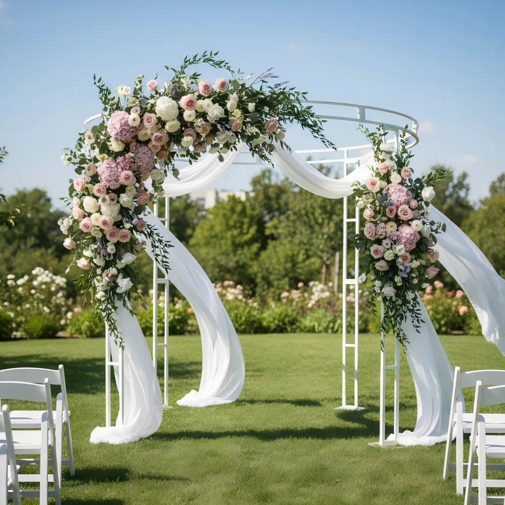 

Round metal princess pavilion, wedding party photo decorative arch background. Artificial flower outdoor veil decoration