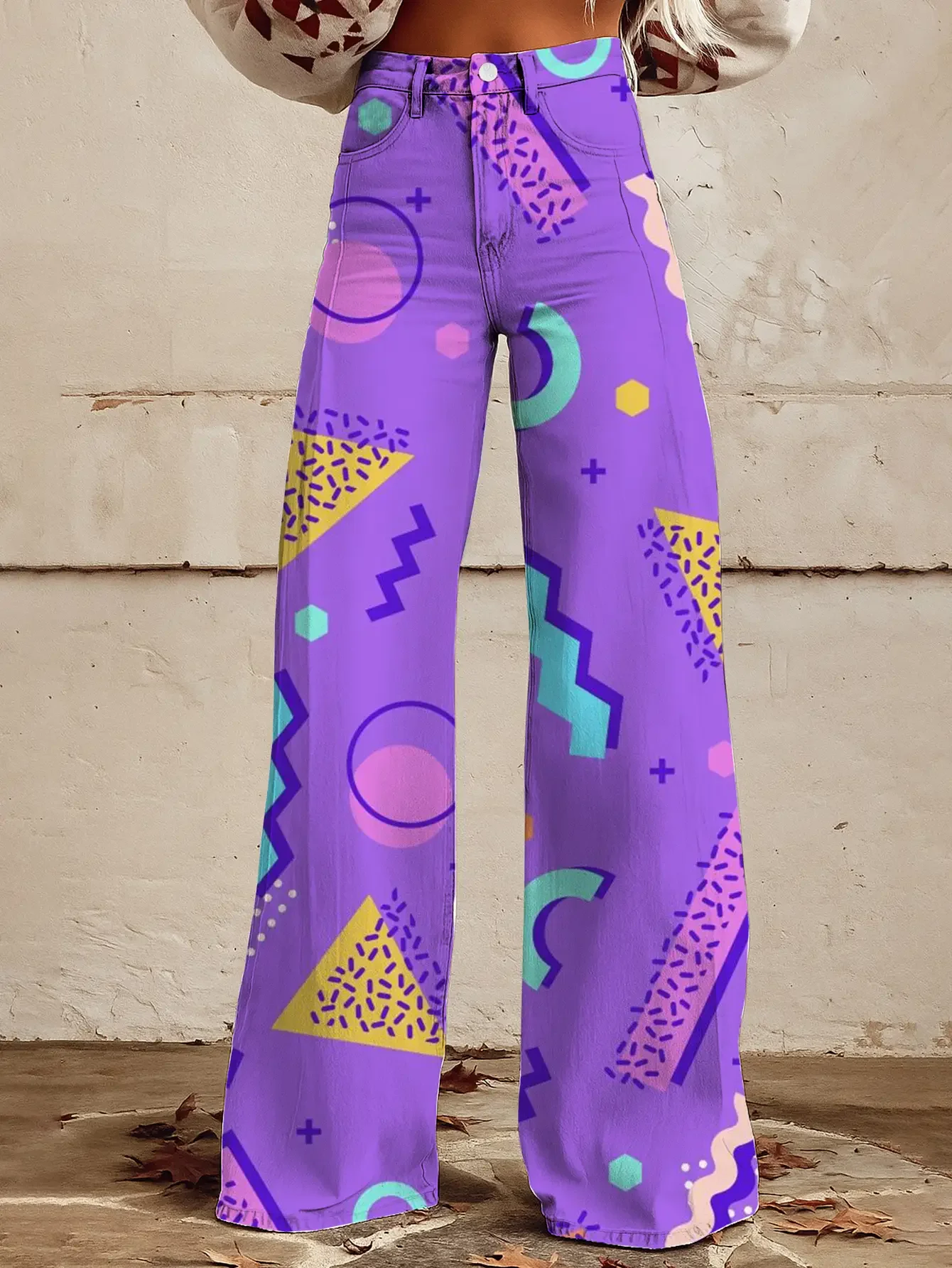 

1 pair of women's denim high waisted loose flared pants, casual retro style,