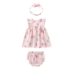 Girls Floral Bow Sleeveless Dress Set Baby Dress Triangular Pants Hairband 3 Pieces Set 0-2 Years Female Baby Summer Dresses