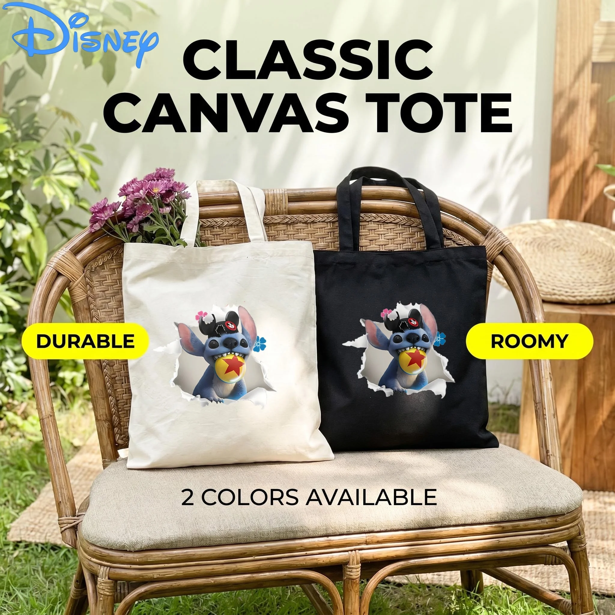 

1PC Disney Stitch Canvas Tote Bag, Torn Paper Print Eco Friendly Shoulder Bag