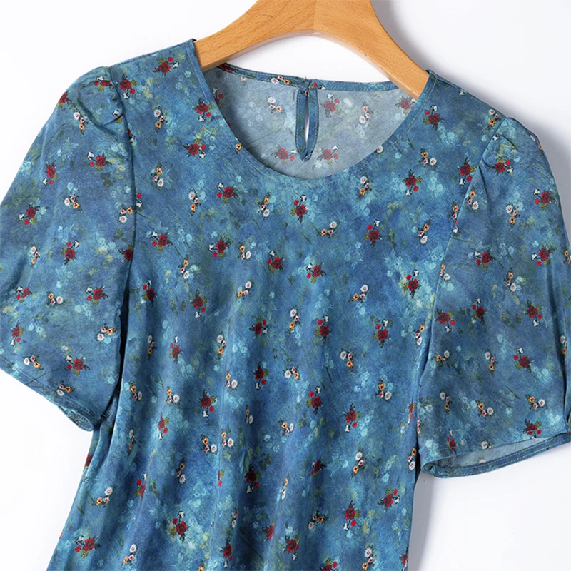 Robe mi-longue en soie pour femmes, 100% soie de mûrier, bleu foncé, petit imprimé Floral, manches courtes, Type queue de poisson, robe longue, M1428