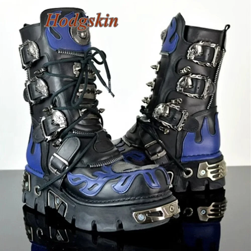 Metal Decoration Belt Buckle Boots Mid Calf Patchwork Chunky Heel Elastic Band Round Toe Boots Fashion Casual 2025 Newest Boots