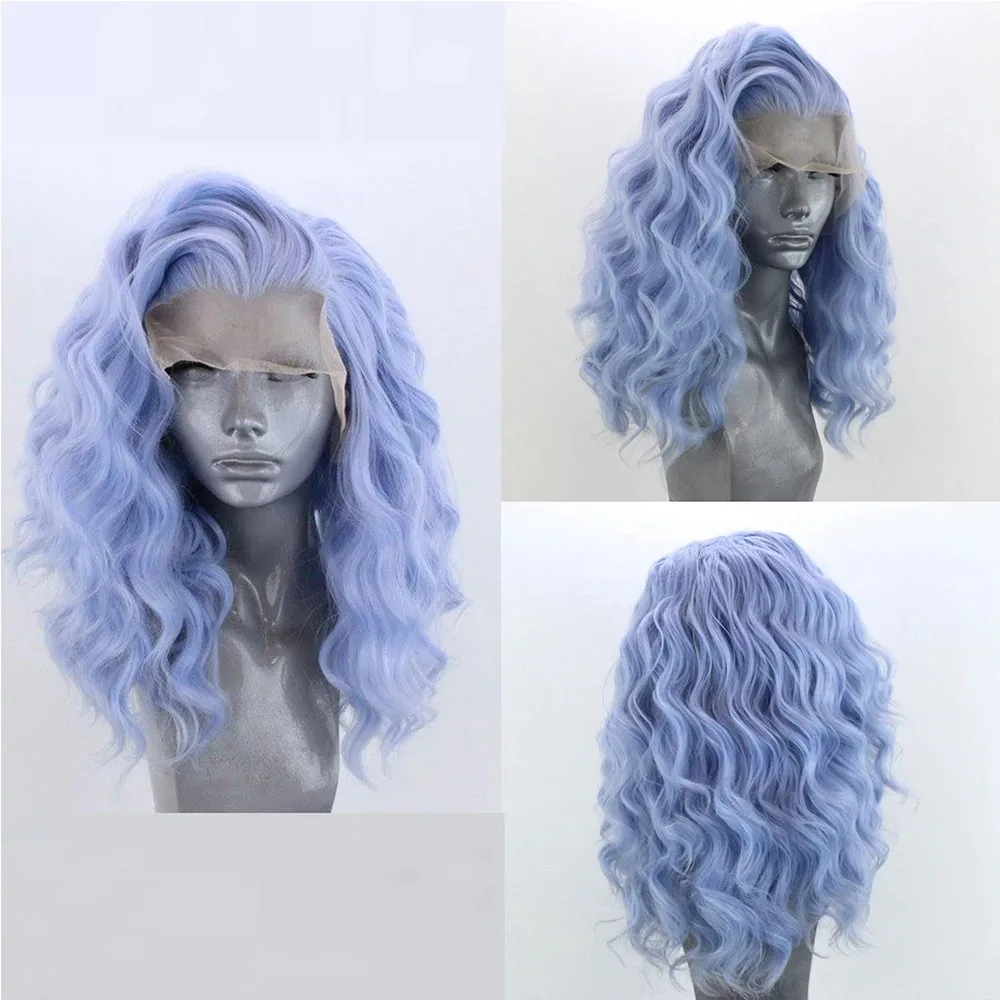 

Light Blue Wave Bob Wig Synthetic Lace Front Wig For Women Sky Blue Wig Loose Curl Short Bob Lace Hair Deep Wave Short Lace Wig