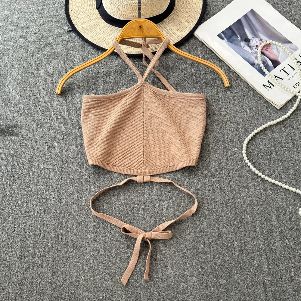 Women Halter Tie Knit Crop Top Solid Black Knitted Cami Self-Tie Neck & Waist Bandage Sleeveless Slim Y2K Summer Club Camisole