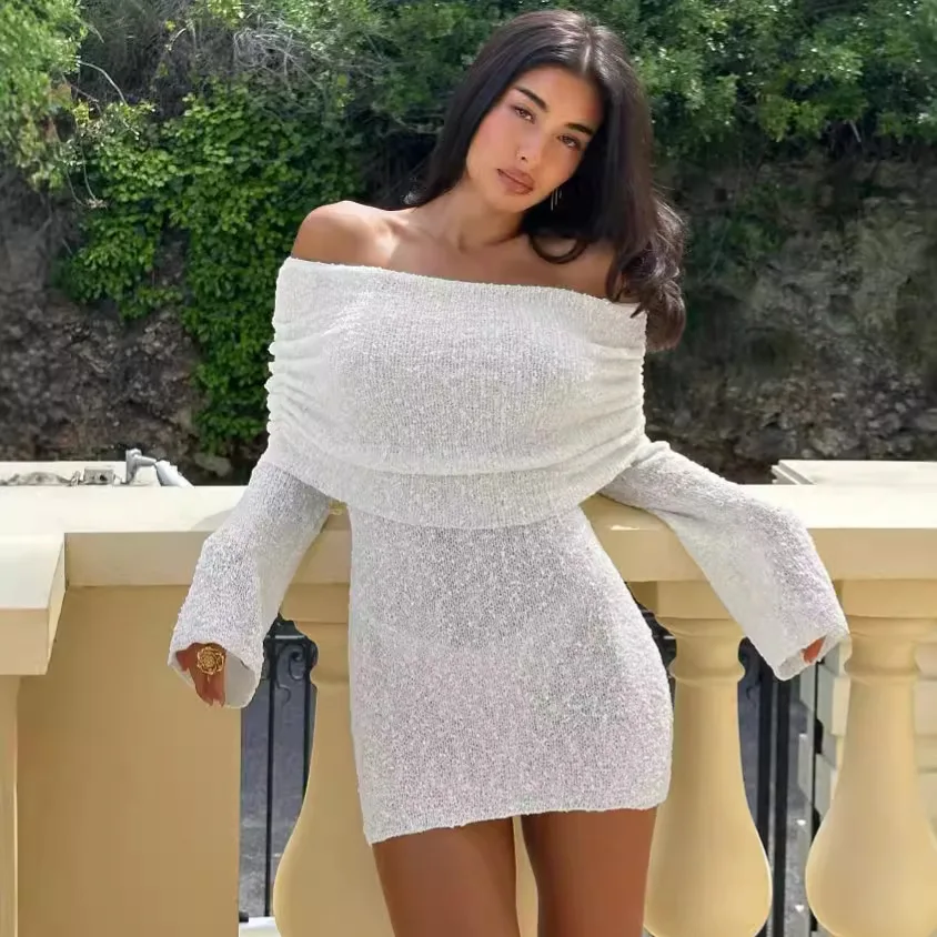 

INS2025 Autumn And Winter New Women's Clothing Temperament One-word Shoulder Solid Color Backless Long-sleeved Knitted Dress