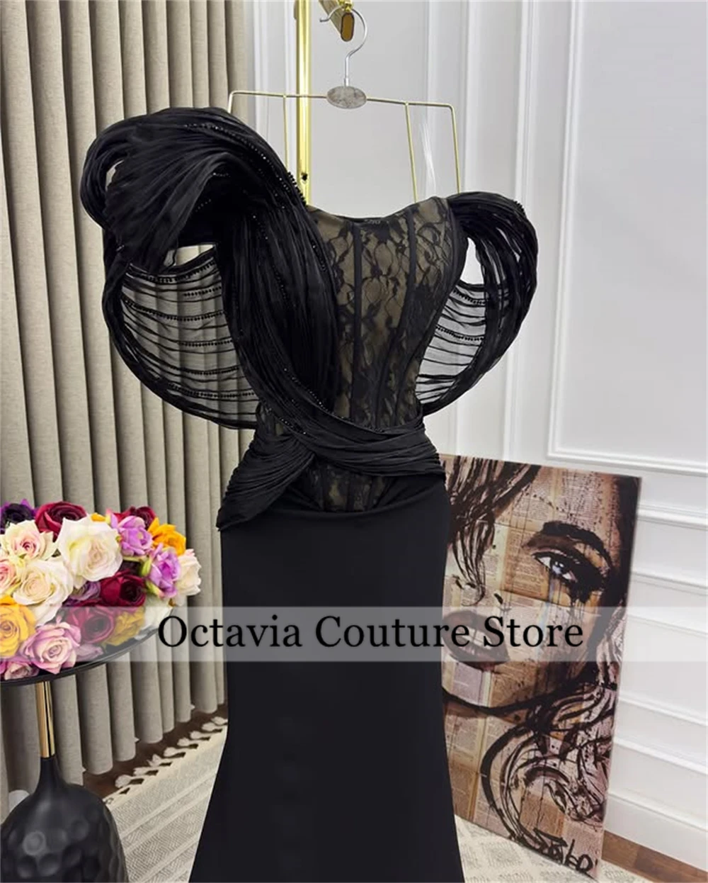 Precioso vestido De noche negro personalizado con hombros descubiertos, vestidos De graduación con volantes árabes, vestidos De fiesta formales De encaje De Dubái, bata De Bal
