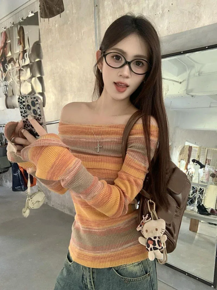 Harajuku Off Shoulder Knitted Sweater Women Vintage Green Striped Jumper Fairycore Slim Y2K Tops