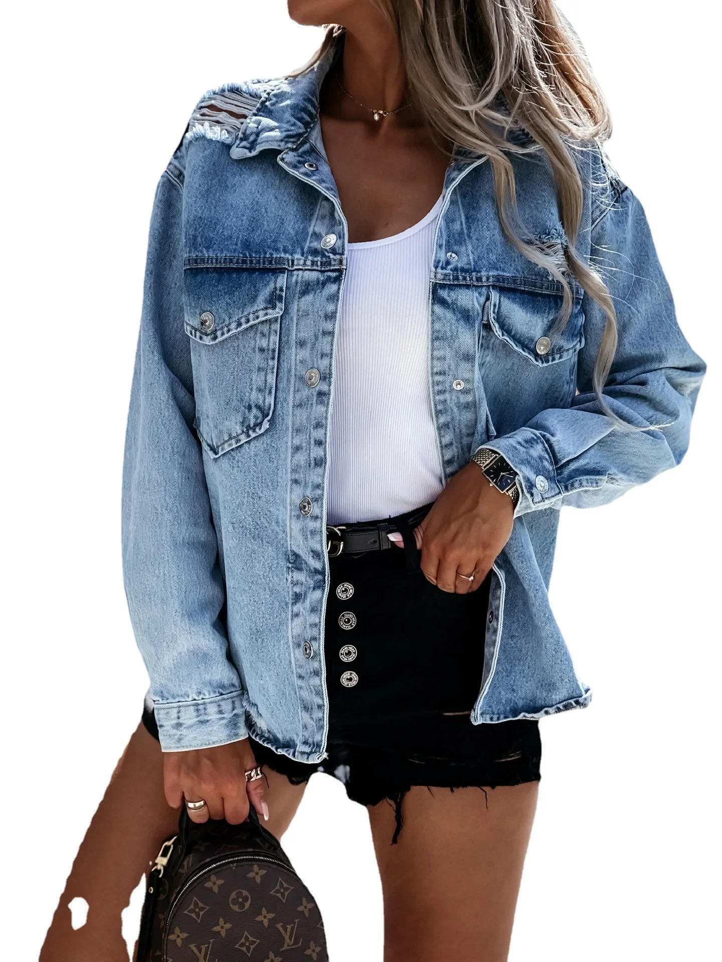 New Autumn Jeans Jacket Women Loose Street Washed Hole Long Sleeve Denim Jacket for Women