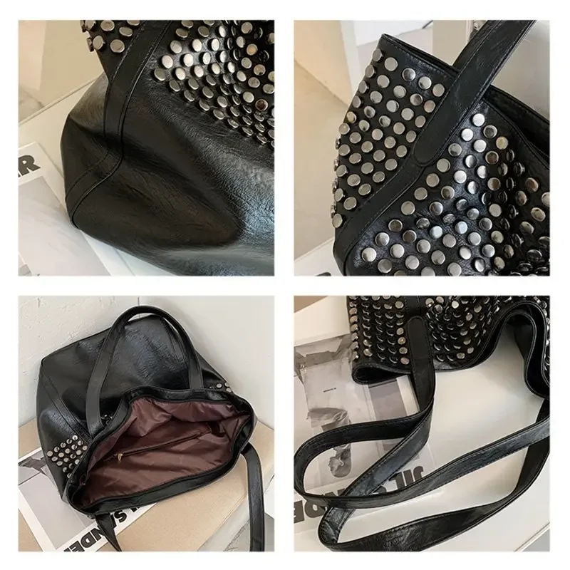 2024 Large Capacity Rivet Designer Women Shoulder Bag Soft Casual Black Female Shopping Bag Lady Hobo Handbag Tote Travel Bag