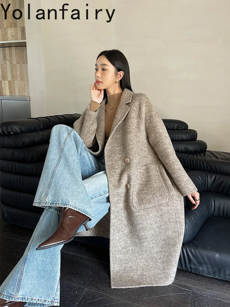 YOLANFAIRY Luxury Double-faced Camel Wool Coat Women Autumn Winter Loose Korean Style 80% Wool Jacket Blend Real Silk Overcoat