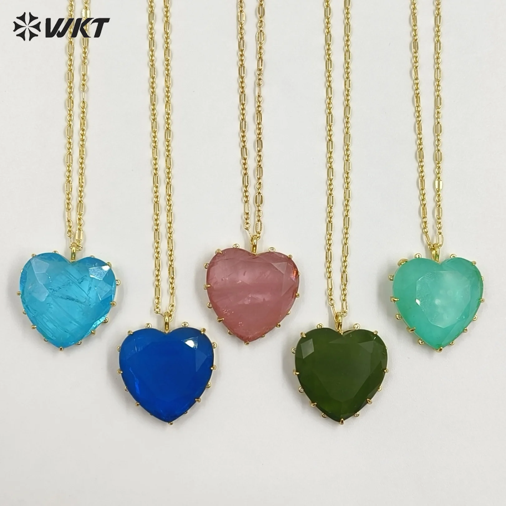

WT-N1525 Romantic Style Heartshape Colorful Stone Pendant Fine 18+2 Inch Necklace Accessory For Women Sweater Decorated