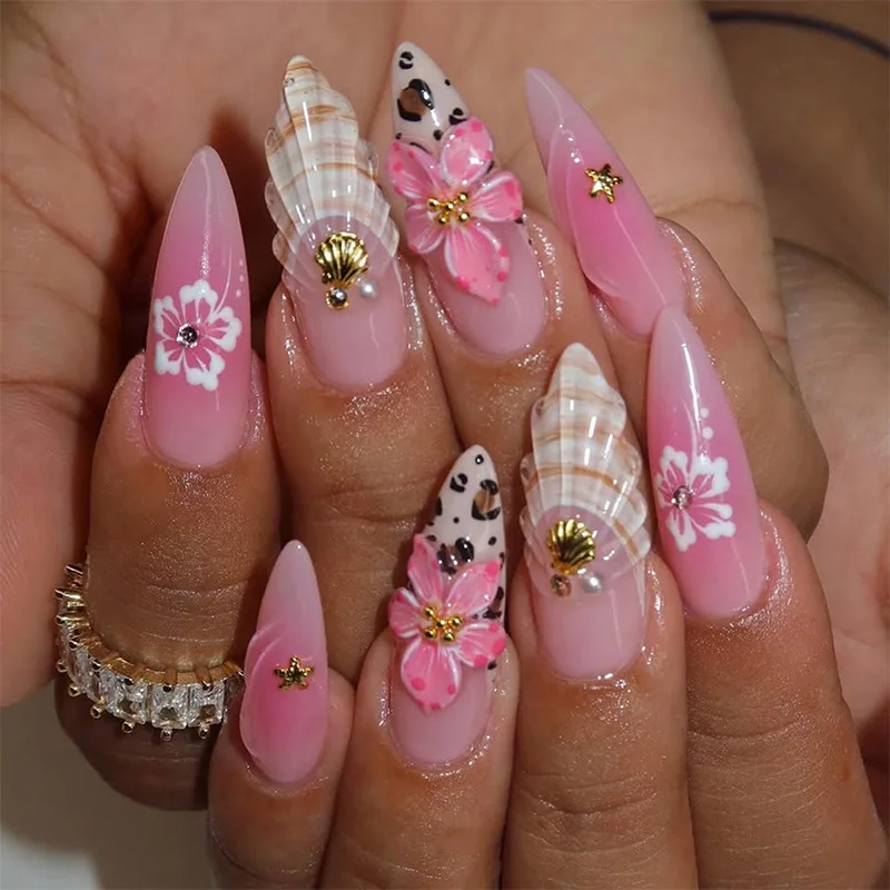 24Pcs Long French Almond Fake Nail with 3D Flower Shell Star Design False Nails Press on Pearl Rhinestone Wearable Manicure Tips