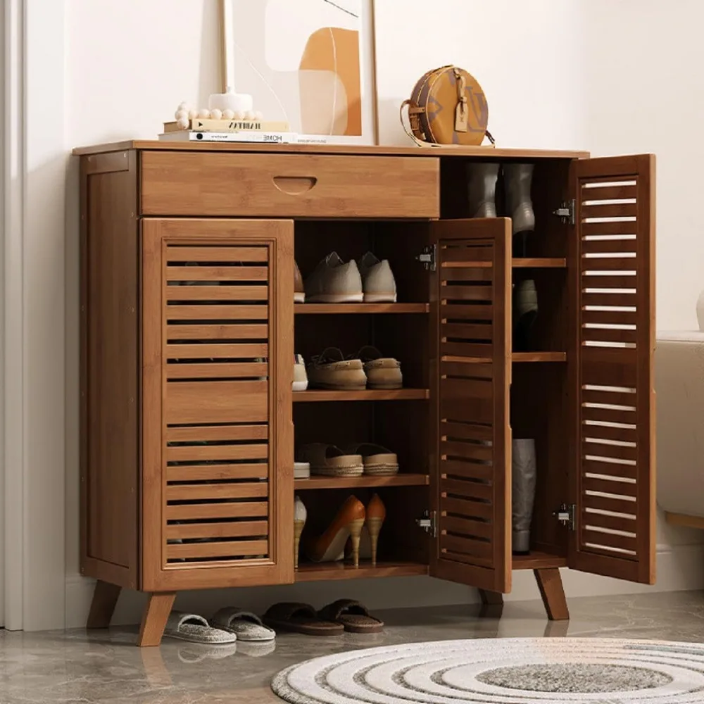 

Free Standing Shoe Cabinet Shoe Organizer for Entryway, 5 Tier Bamboo Shoe Storage Cabinet Organizer with Doors Shoes Rack Organizer for Hallway Shoe Racks Cabinet for 15-20 Pairs