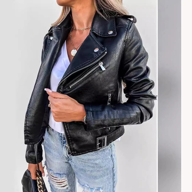 

2025 new spring women jacket black PU leather jacket fashionable zipper motorcycle short jacket large pocket fashionable street