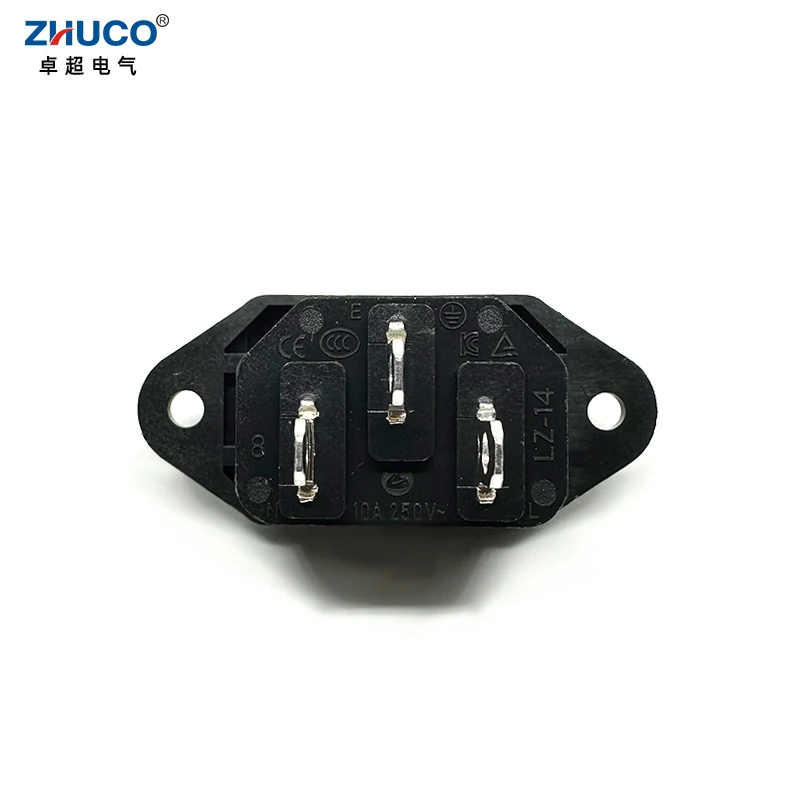 1PC LZ-14-1 10A 250V AC 3 Brass Terminals Electrical Power Socket 3 Pins Chassis Panel Mounted IEC320 C14 Inlet Plug Connector