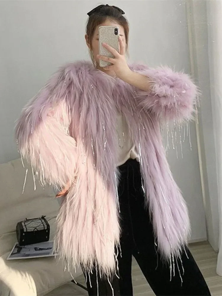 Korean Style Fox Fur Short Fur Coat for Women 2023 Autumn Winter New Woven Tassle Fashion Imitation Raccoon Fur Overcoat Female