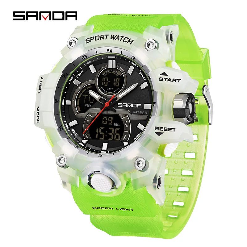 SANDA 6198 Men\'s Electronic Watch Fashion Cool Outdoor Sports Waterproof Dual Display Silicone Strap Wrist Watches for Men Boy