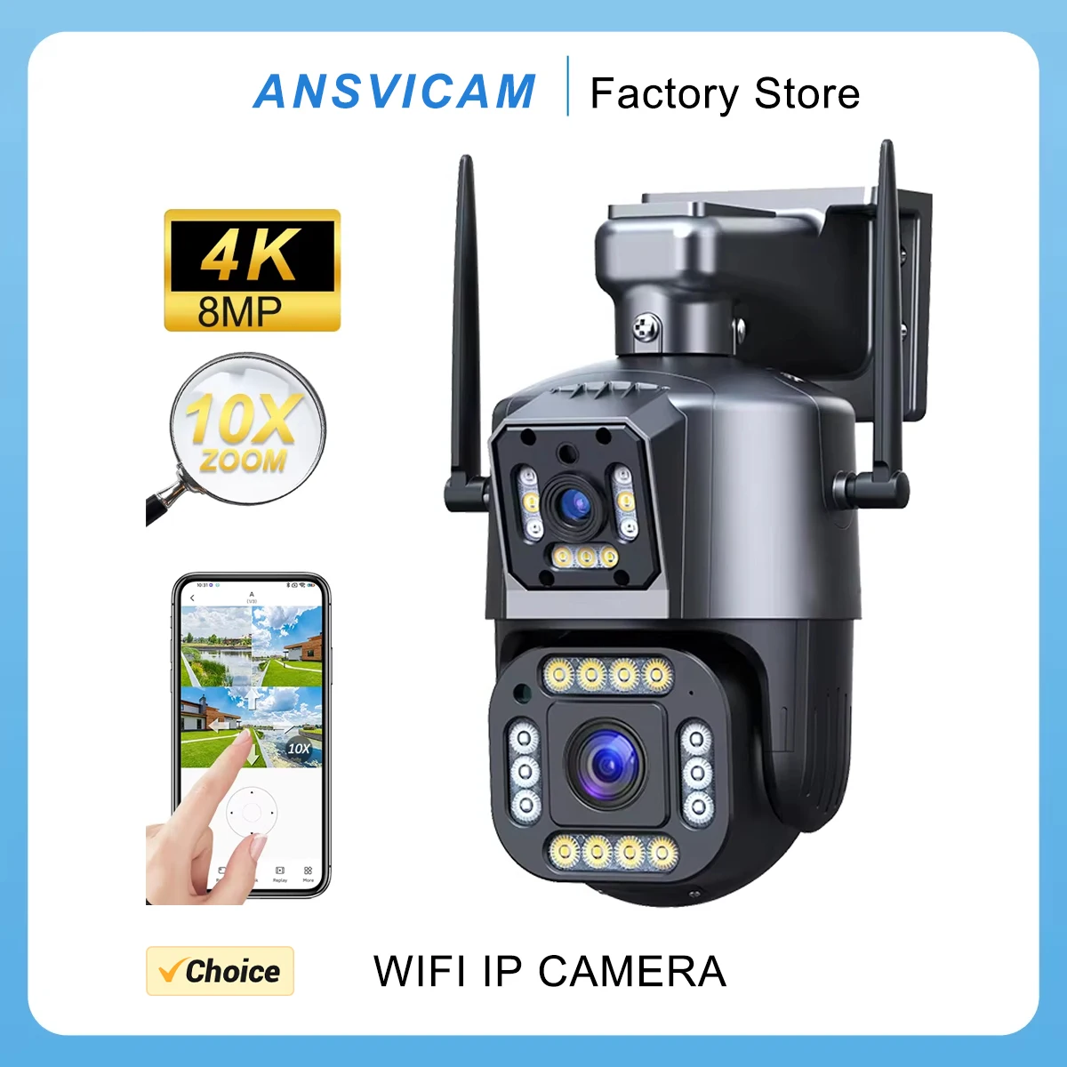 

ANSVICAM 8MP Dual Lens PTZ WIFI Camera Dual Screen 4MP HD Wireless Outdoor IP Camera AI Human Tracking Surveillance IPC360 Home