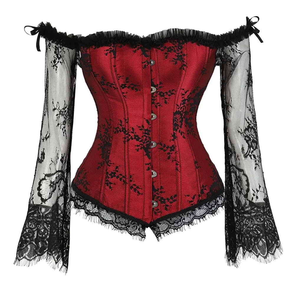 

Corset with Long Sleeves Vintage Women Sexy Bustiers off Shoulder Corselet Tops Renaissance Gothic Overbust Burlesque Costumes