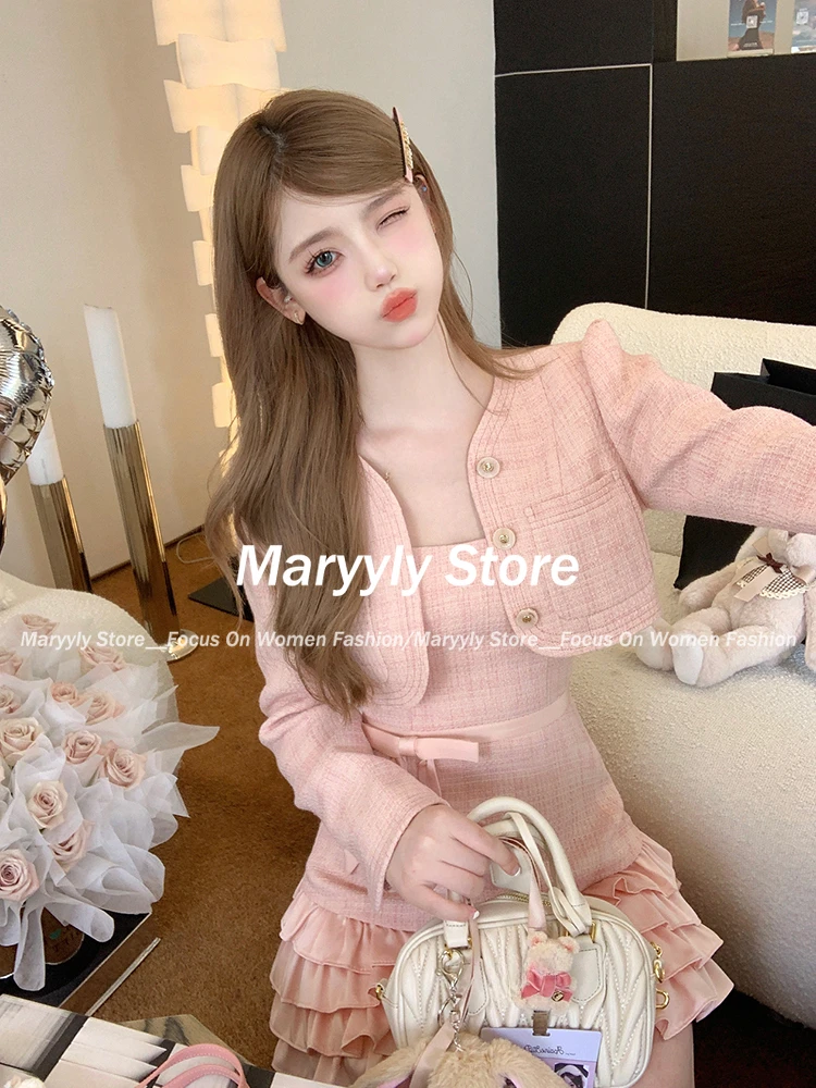 Autumn Sweet Pink 2 Piece Set Women Elegant Long Sleeve Short Cardigan Coat + Korean Slim Patchwork Bow Mini Strap Dress Chic