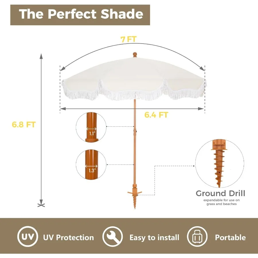 مظلة شاطئ خارجية محمولة بطول 7 أقدام مع هامش للاستخدام في الفناء والشاطئ تتميز بمراسي رملية وحقيبة حمل بزر ضغط وإمالة ميكانيكي